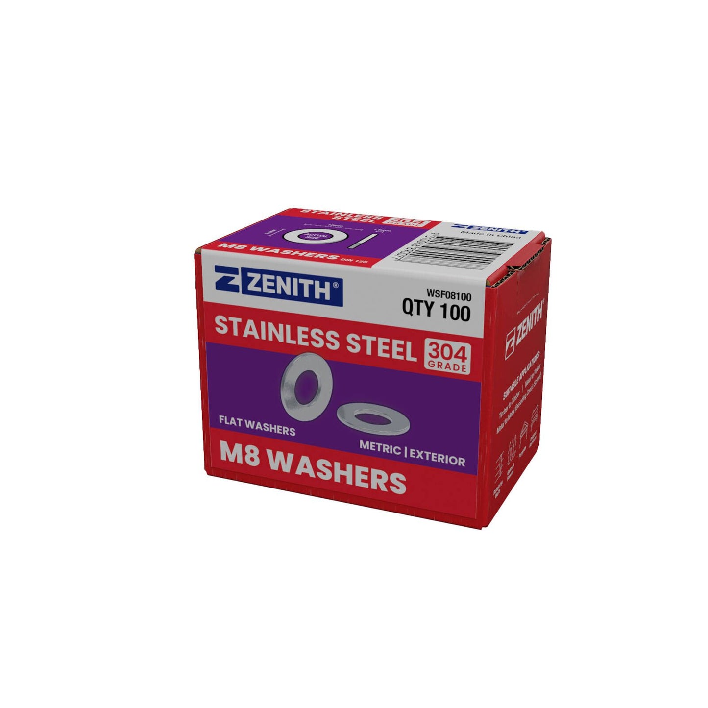 Zenith Flat Round Washer - M8 - Stainless Steel 304 - 100 Pack