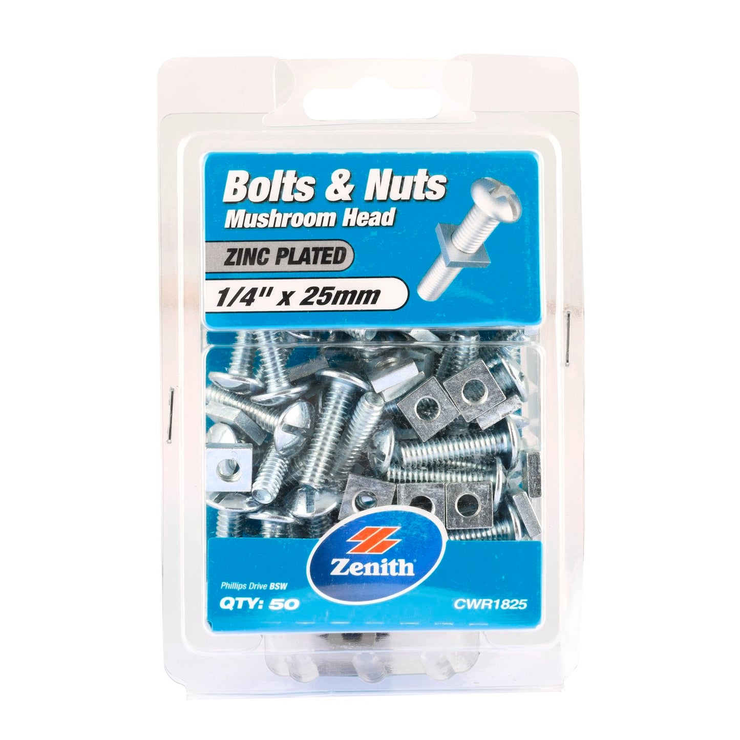 Zenith Mushroom Head Bolt - 1/4 x 25mm - 50 Pack