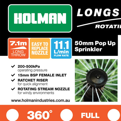 Holman Longstream Rotating Pop Up Sprinkler - 50mm - Full Circle