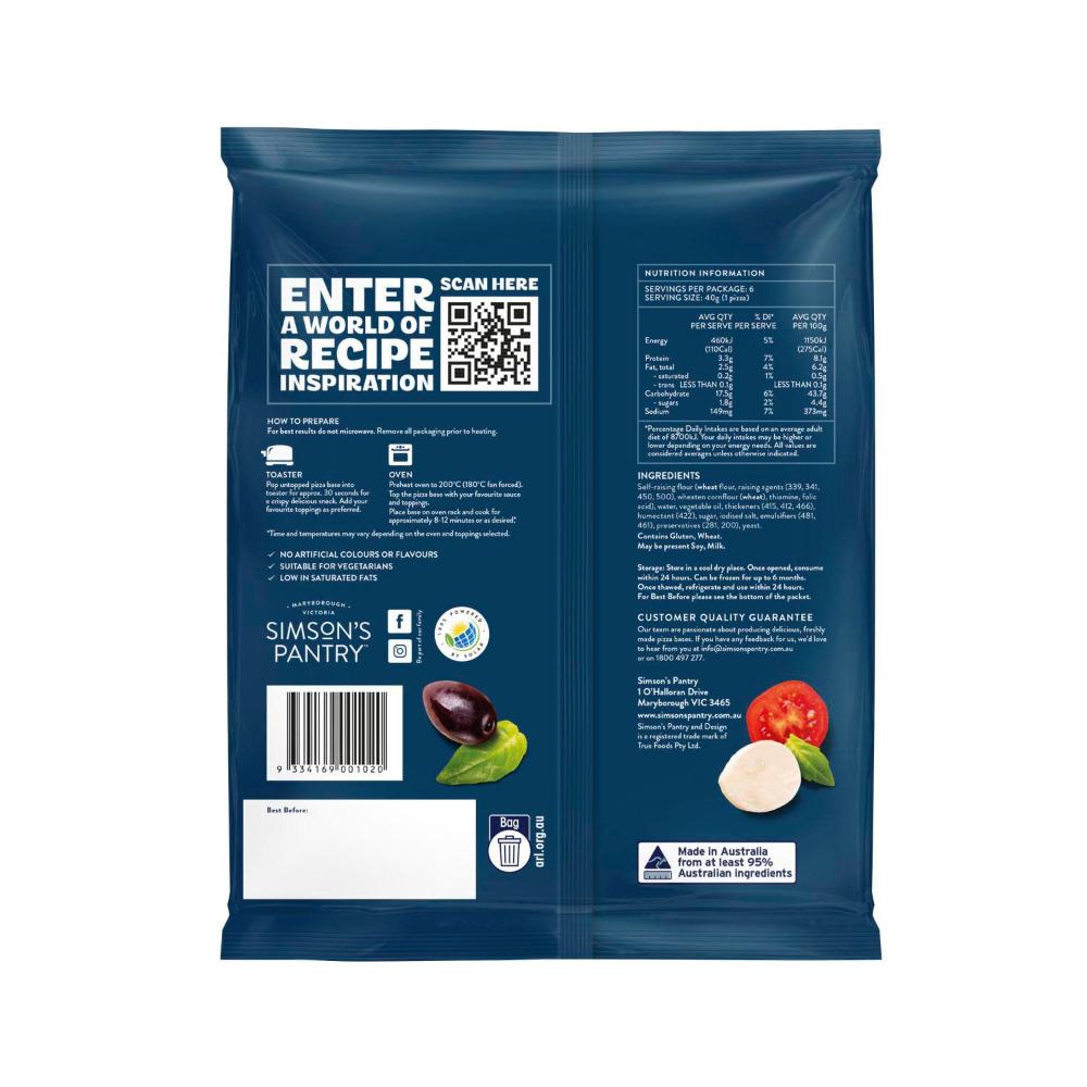 Simson's Pantry Premium Mini Pizza Bases 6 Pack - 240g