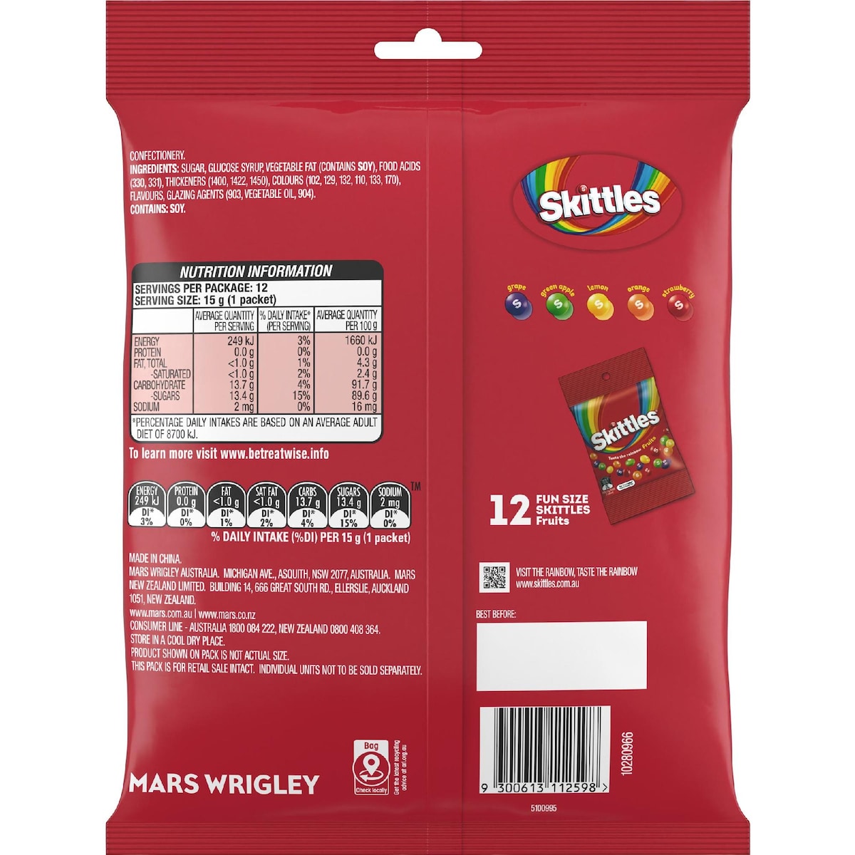 Skittles Fruits Chewy Lollies Snack & Share Party Bag 180g