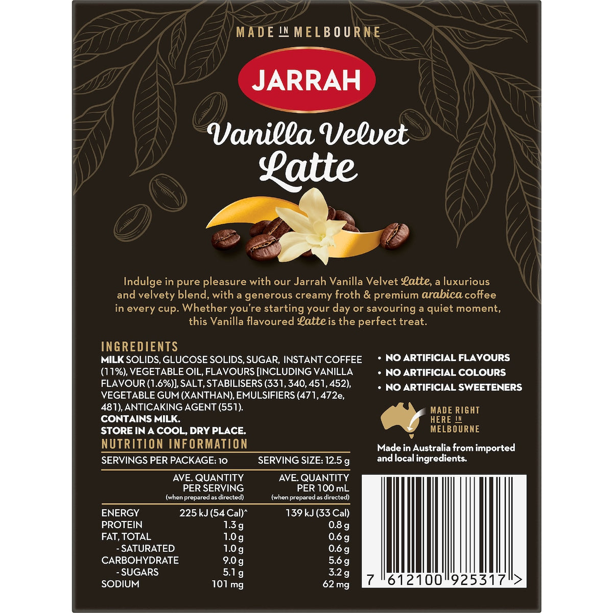 Jarrah Vanilla Velvet Latte Satchets 10 Pack