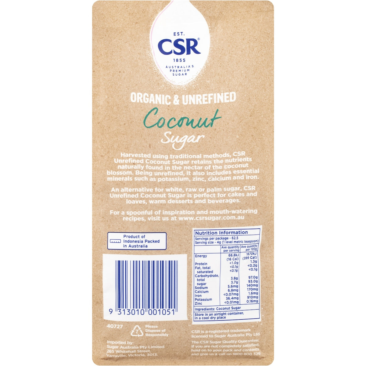 Csr Organic & Unrefined Coconut Sugar 250g