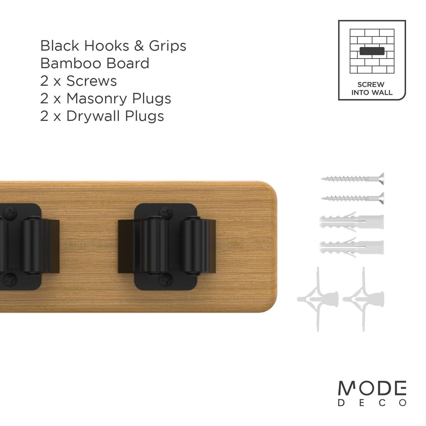 Mode Bamboo Hook Rack - 3 Hooks & 3 Grips - 450 x 70mm - Black