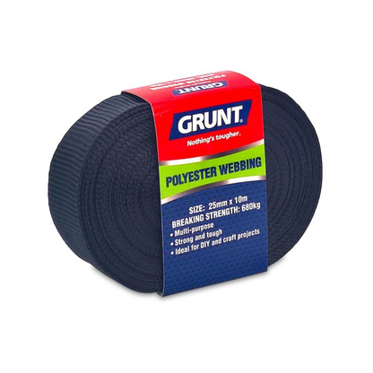 Grunt 25mm Black Poly Webbing 10m Strong Durable Lightweight