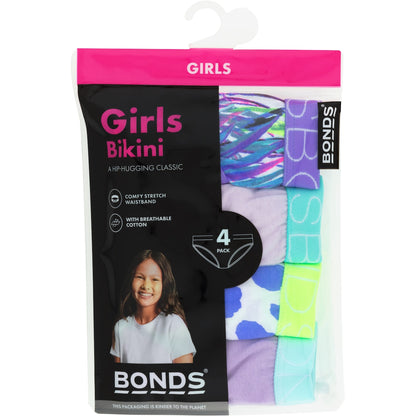 Bonds Girls Underwear Bikini Briefs Size 4-6 Or 6-8 Assorted 4 Pack