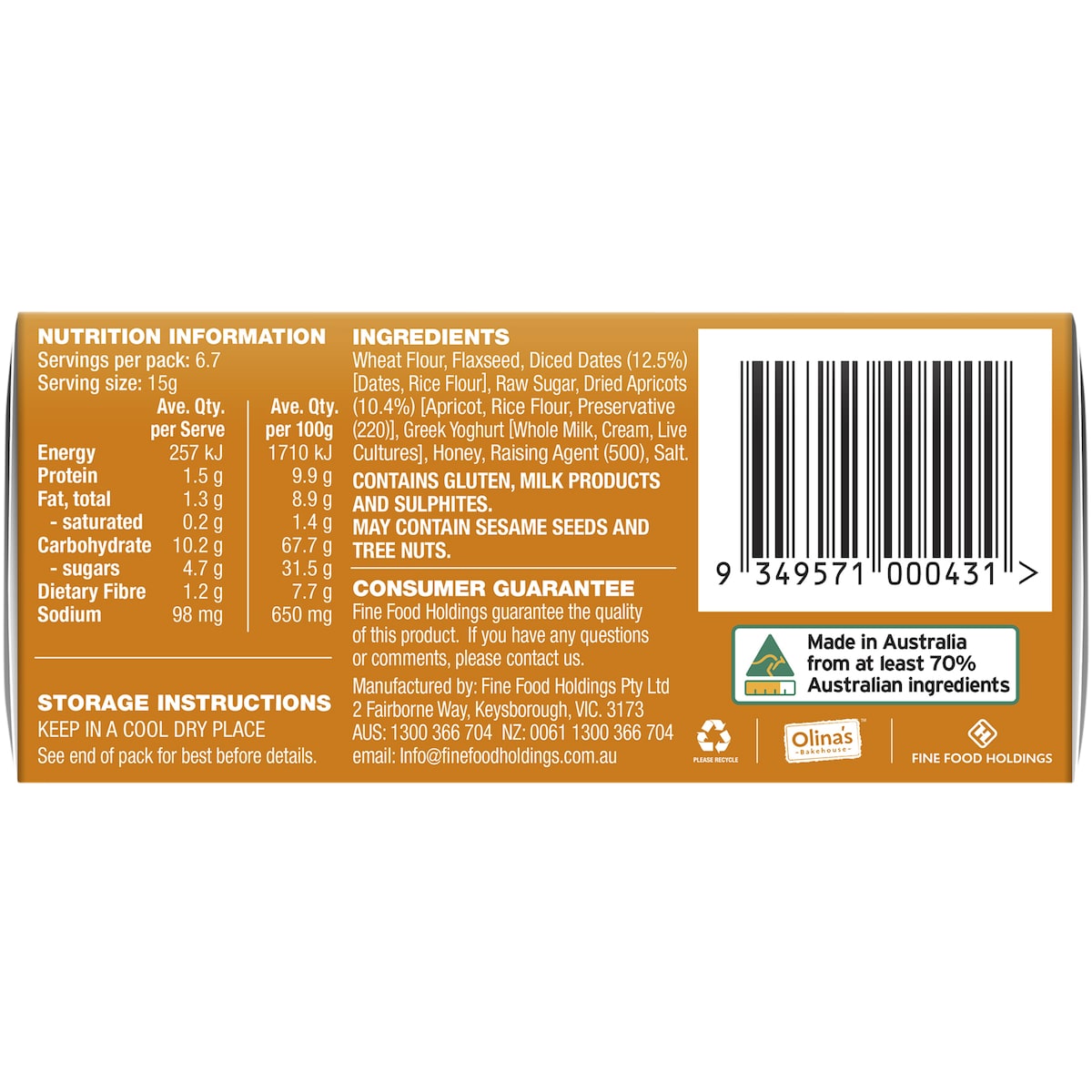 Olinas Bakehouse Artisan Crackers Biscuits Date & Apricot 100g