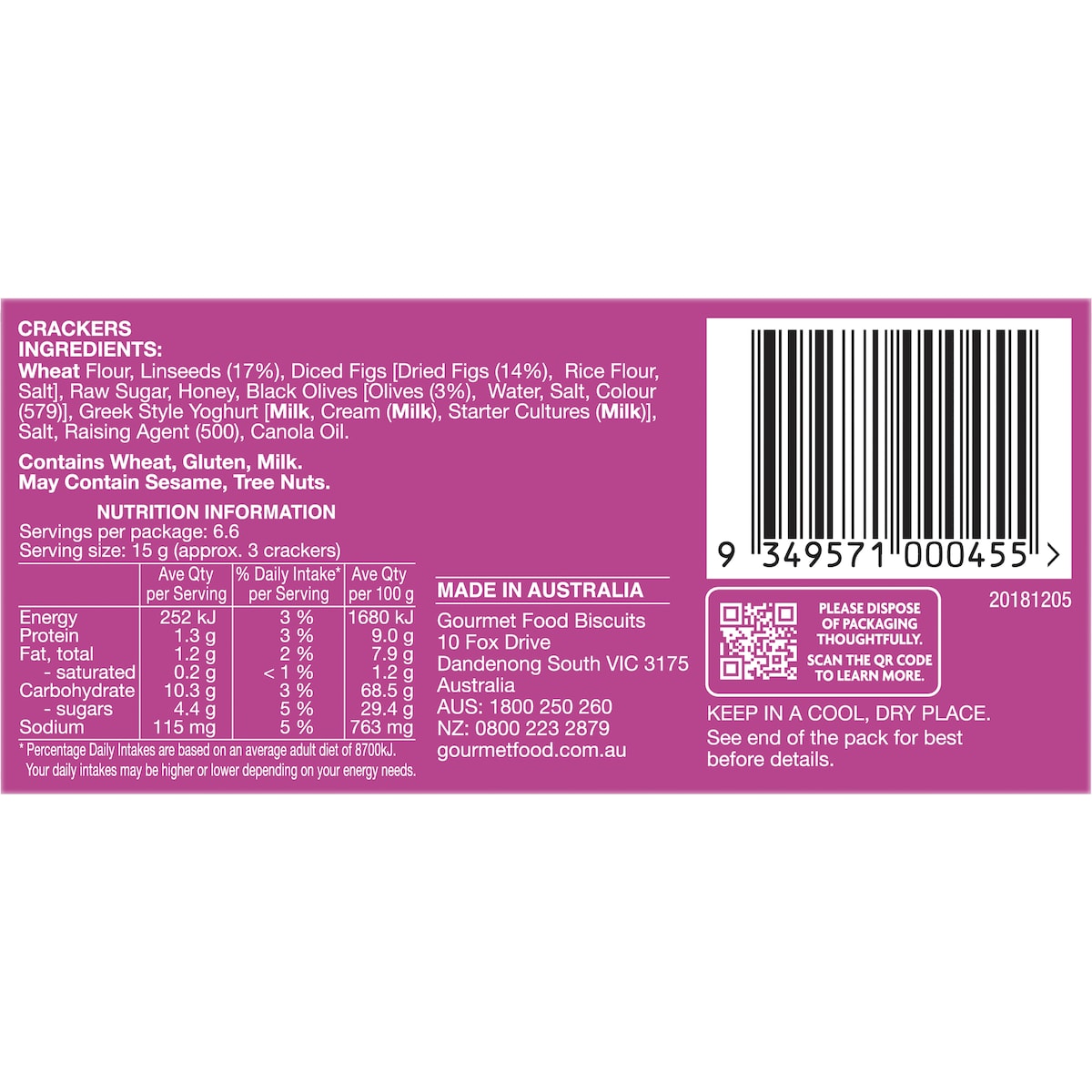 Olinas Bakehouse Artisan Crackers Biscuits Fig & Black Olive 100g