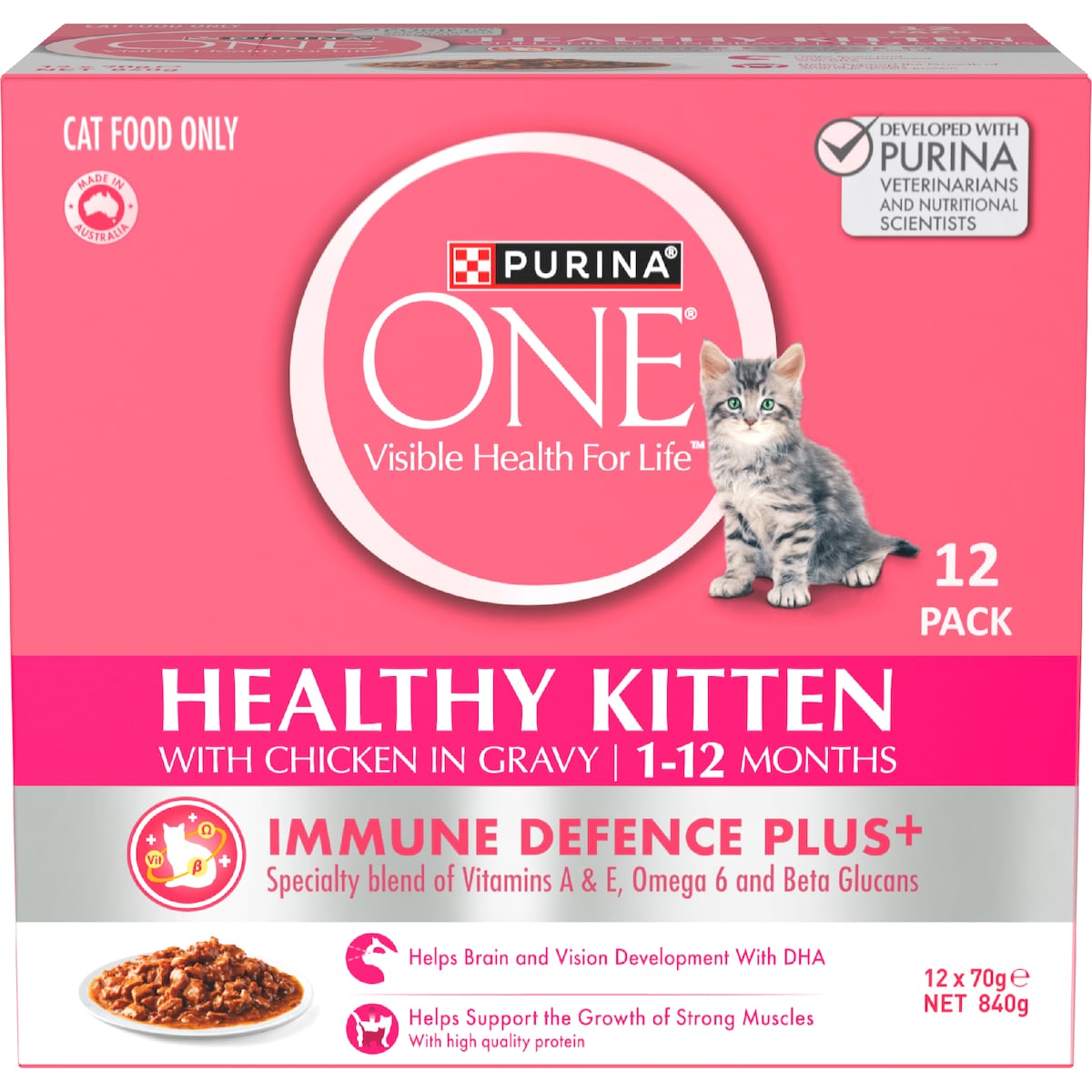 Purina One Healthy Kitten Chicken In Gravy 1-12 Month Wet Cat Food 70g X 12 Pack