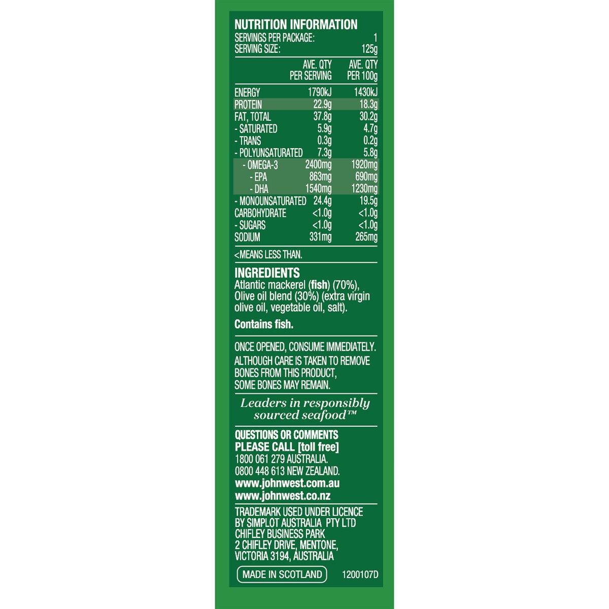 John West Wild Scottish Mackerel In Olive Oil 125g