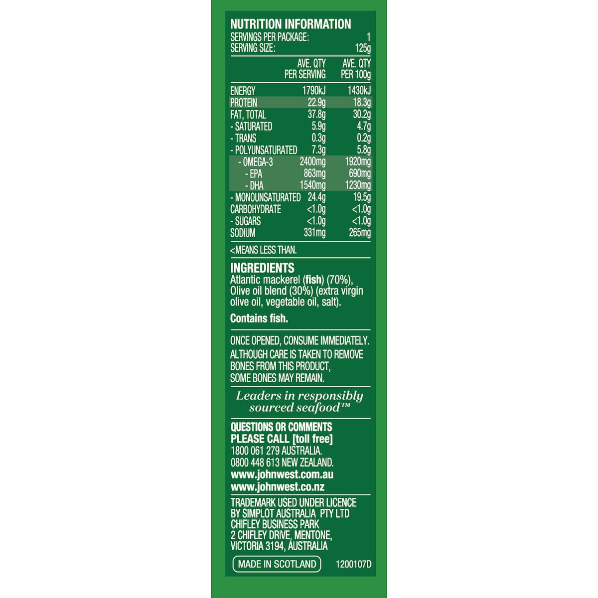 John West Mackerel Fillets In Olive Oil 125g