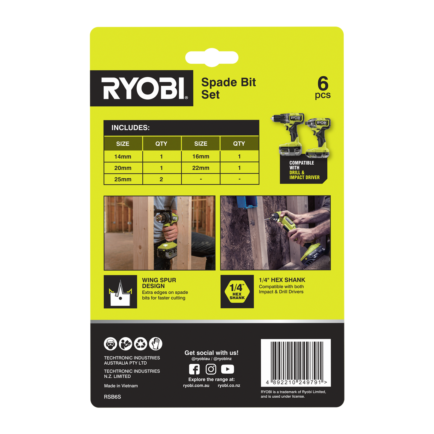 Ryobi Spade Bit Set - 14-25mm - 6 Piece