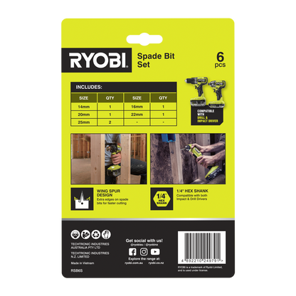 Ryobi Spade Bit Set - 14-25mm - 6 Piece