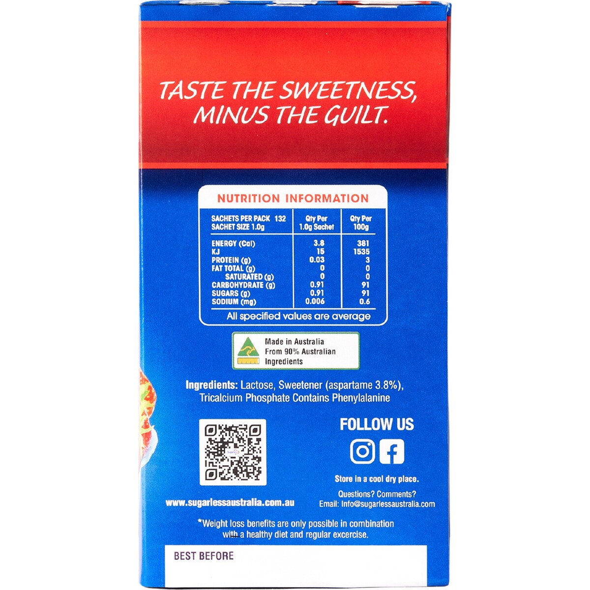 Sugarless Low Calorie Sweetener Sachets 132 Pack