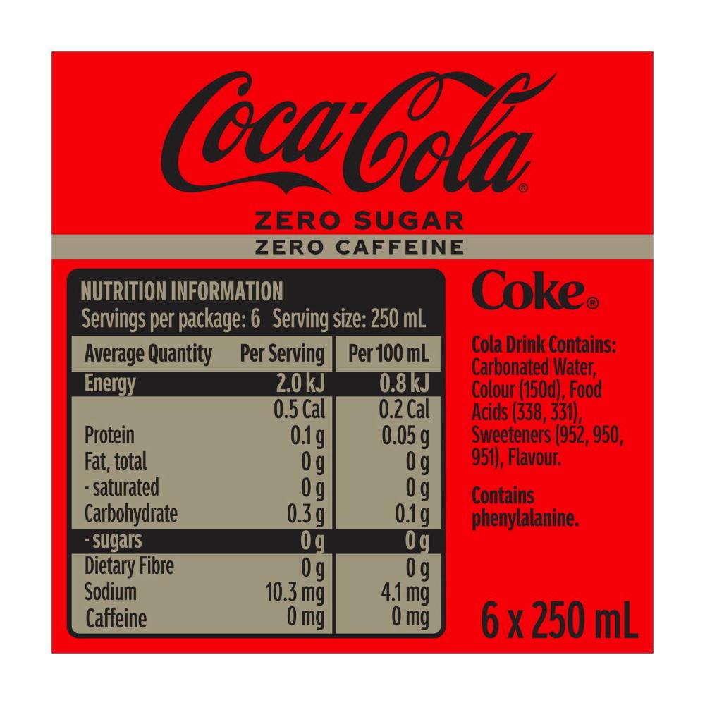 Coca-Cola Zero Caffeine Free Coke Soft Drink 6x250ml