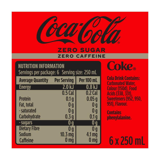 Coca-Cola Zero Caffeine Free Coke Soft Drink 6x250ml
