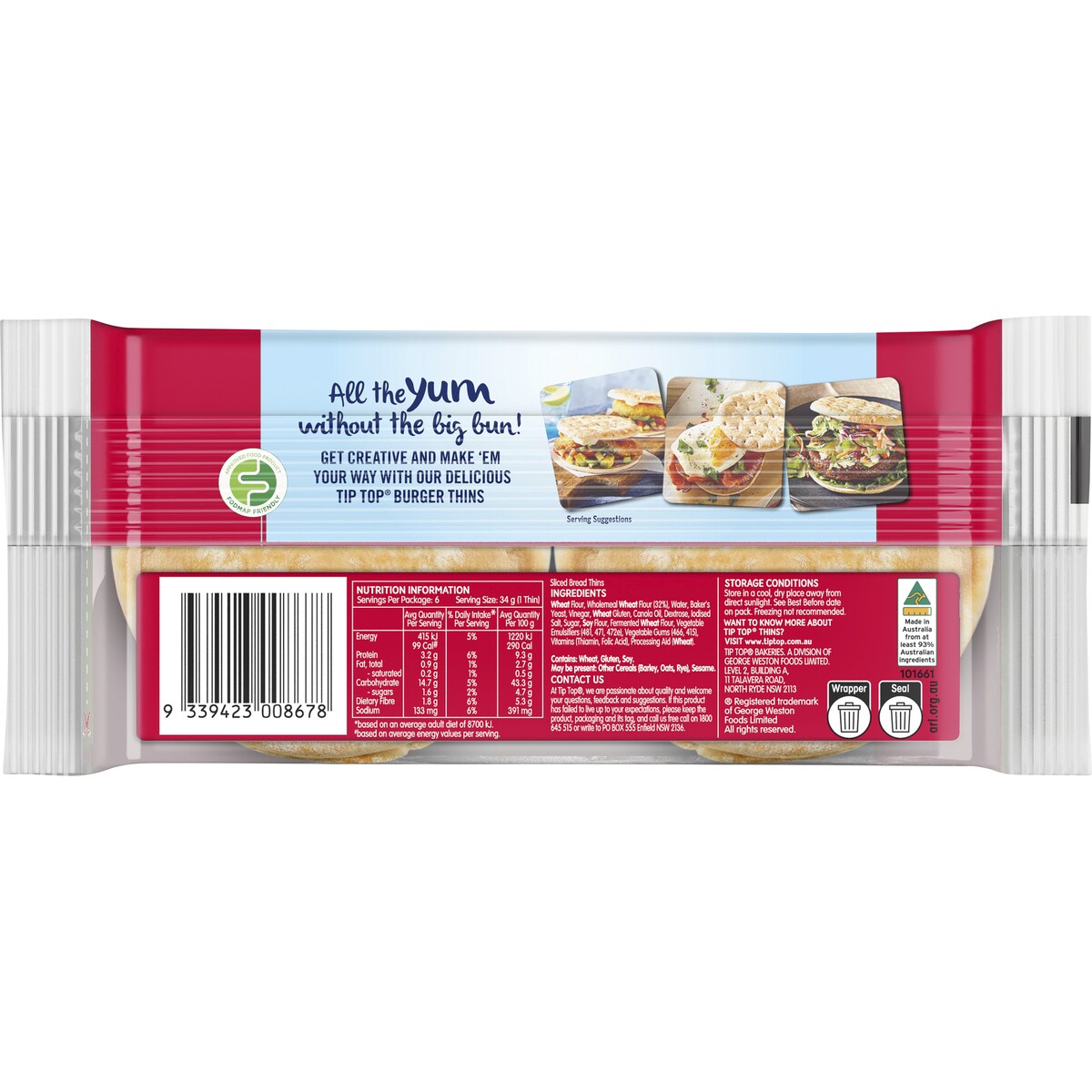 Tip Top Burger Thins Bread Bakery 6 Pack