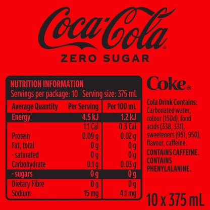 Coca - Cola Zero Sugar Soft Drink Multipack Cans 10 X 375ml