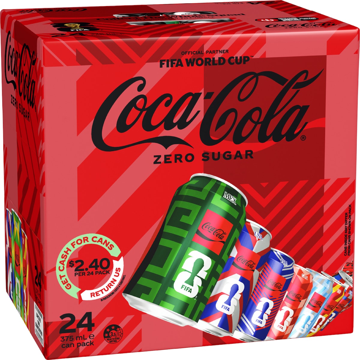 Coca-cola Zero Sugar Soft Drink Cans 375ml X 24 Pack