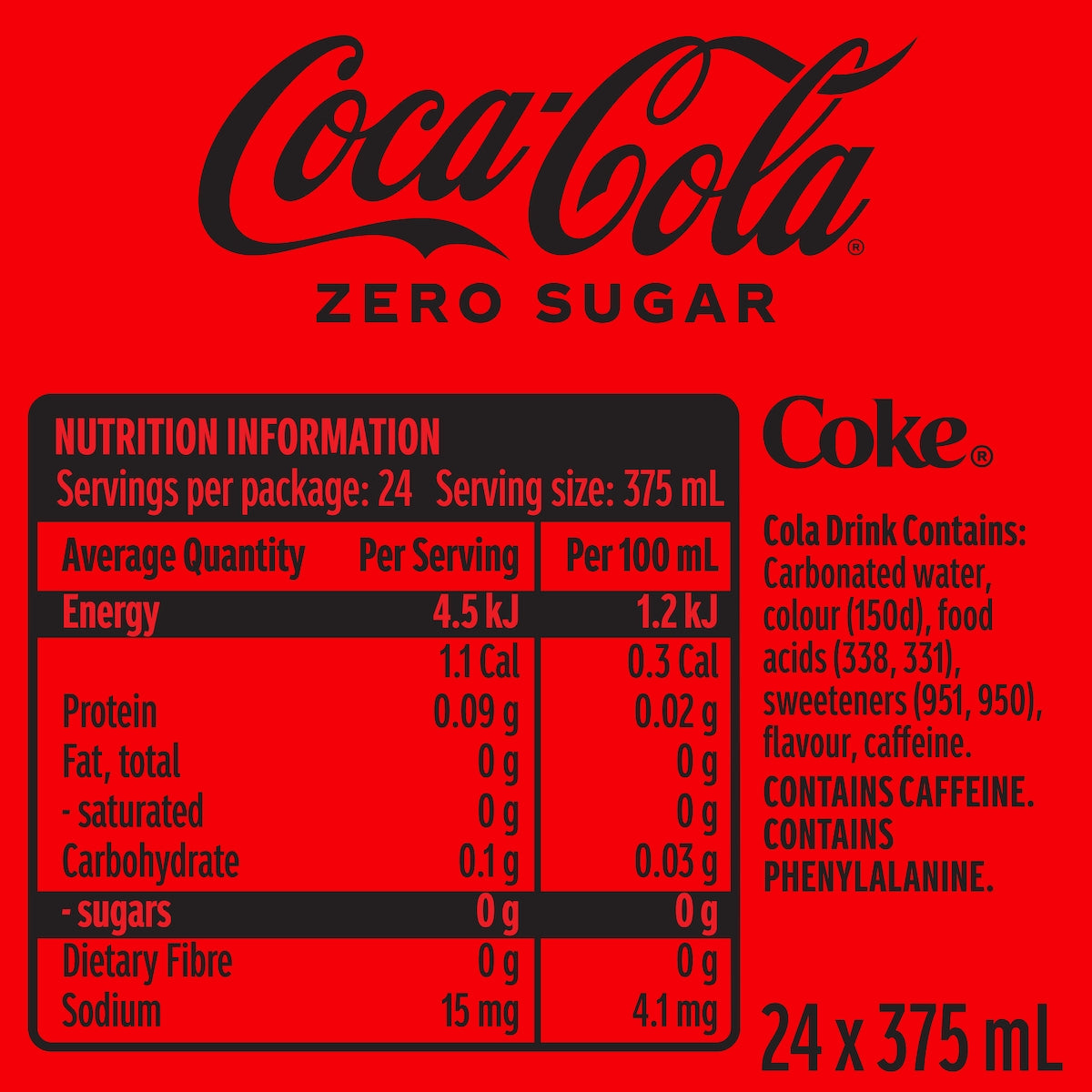 Coca-cola Zero Sugar Soft Drink Cans 375ml X 24 Pack