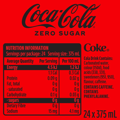 Coca-cola Zero Sugar Soft Drink Cans 375ml X 24 Pack
