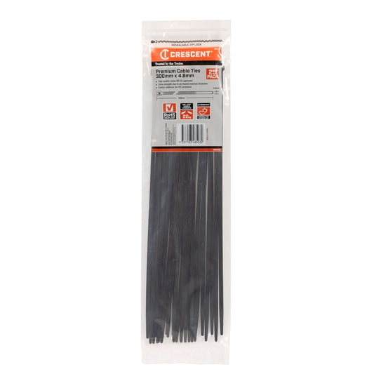 Crescent Black Cable Ties - 300mm x 4.8mm - 25 Pack