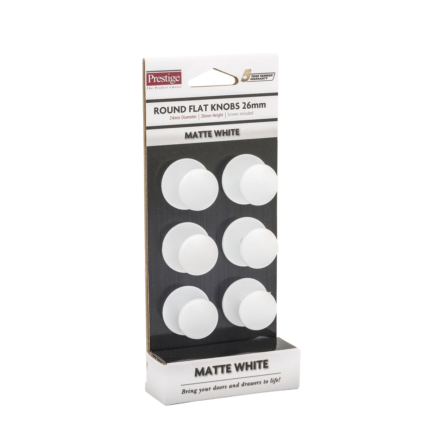 Prestige White Flat Knob - 26mm - 6 Pack