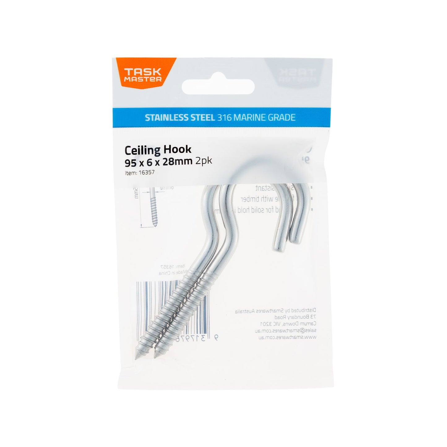 Taskmaster Ceiling Hook - 95 x 6 x 28mm - 2 Pack
