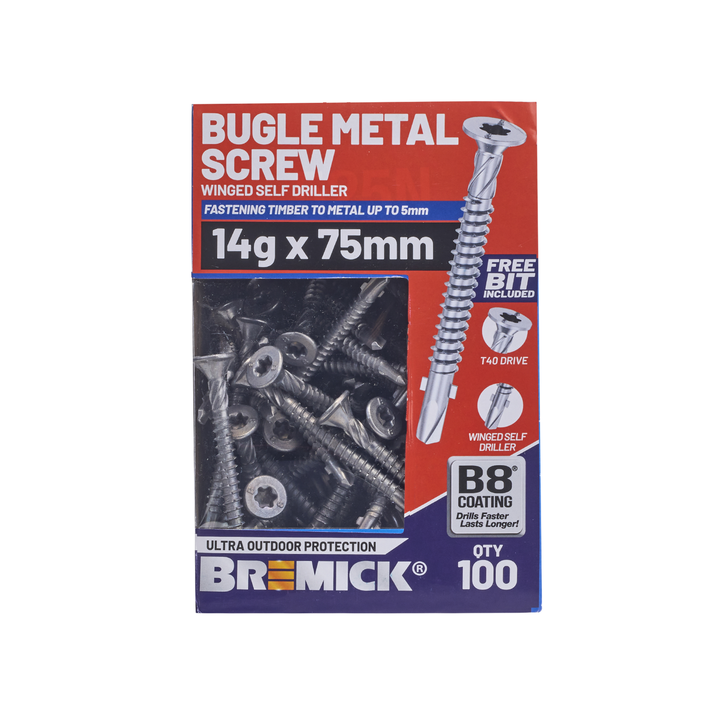 Bremick Metal Bugle Screw - 14g x 75mm - T40 B8 - 100 Pack