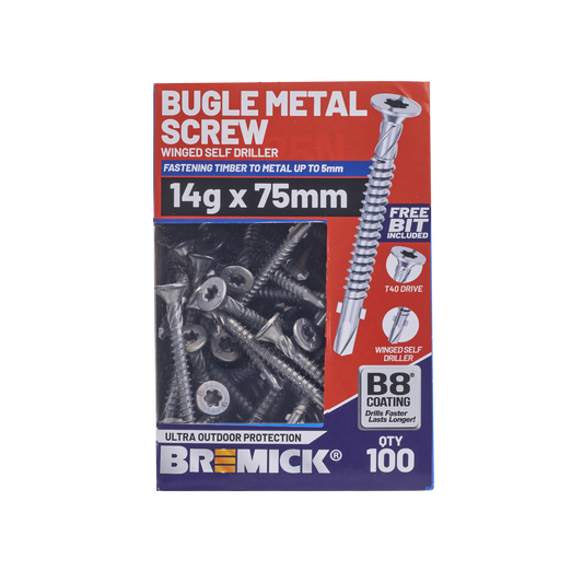 Bremick Metal Bugle Screw - 14g x 75mm - T40 B8 - 100 Pack