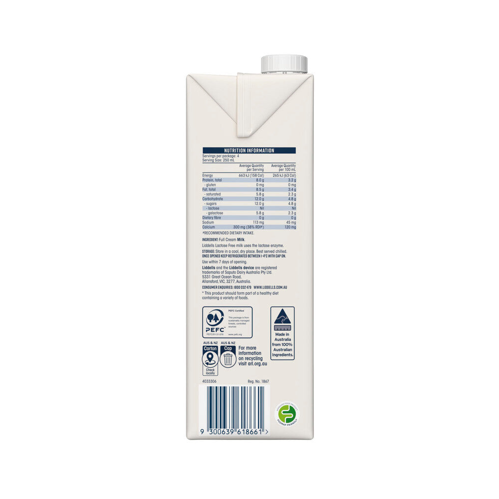 Liddells Lactose Free Full Cream Milk - 1L
