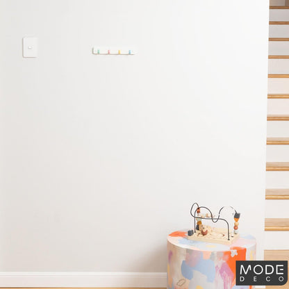 Mode Key Rack - 4 Pastel Hooks - White Board - Durable - Easy Install