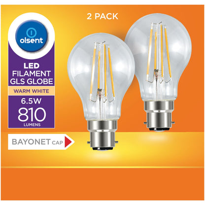 Olsent Led Filament Gls Bc 6.5W 810Lm 2 pack