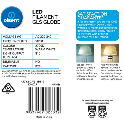Olsent Led Filament Gls Bc 6.5W 810Lm 2 pack