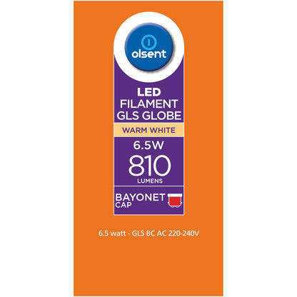 Olsent Led Filament Gls Bc 6.5W 810Lm 2 pack