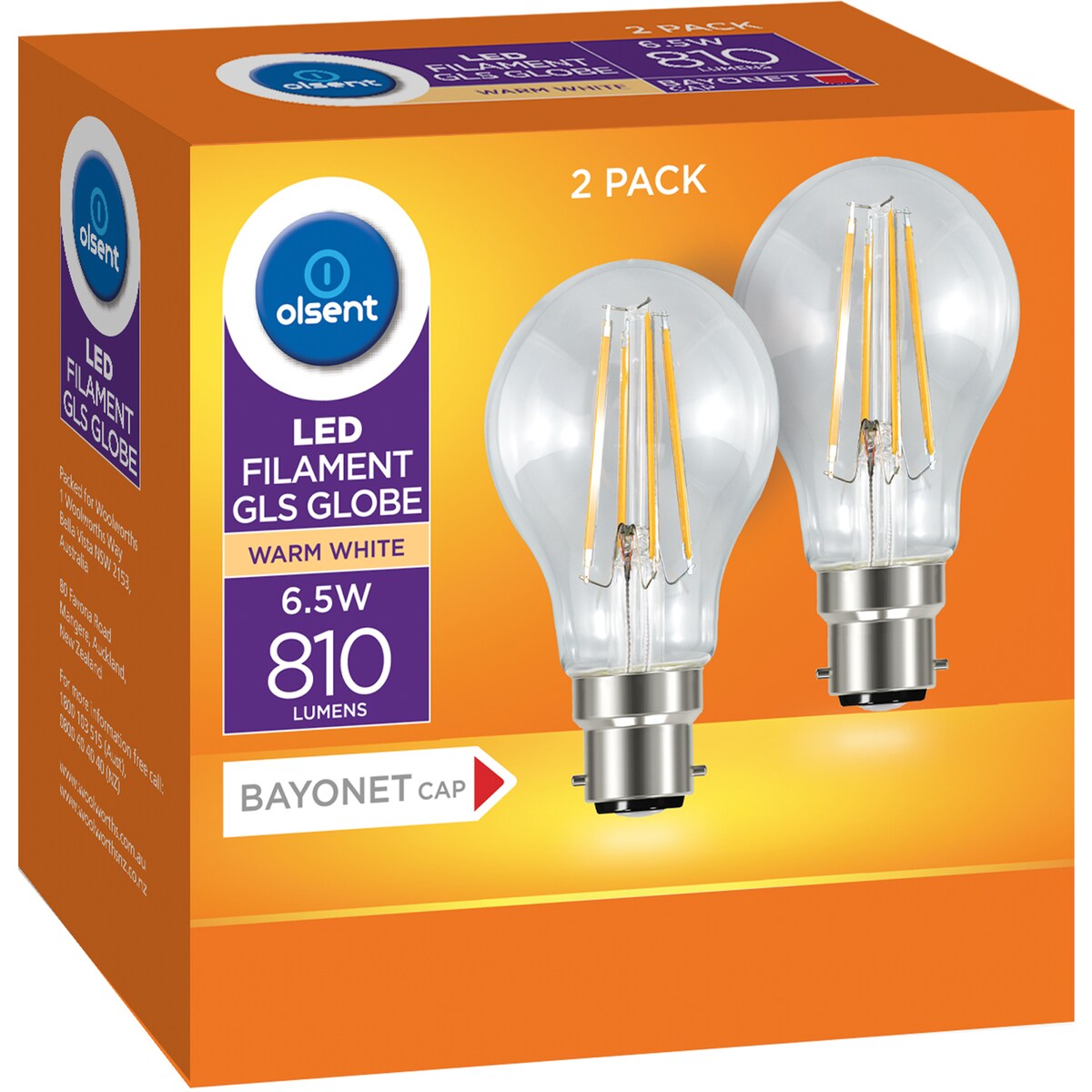 Olsent Led Filament Gls Bc 6.5W 810Lm 2 pack