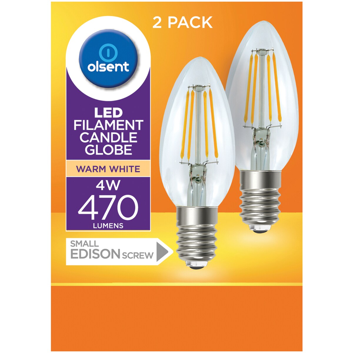 Olsent Led Filament Candle Ses 4w 470lm 2 Pack