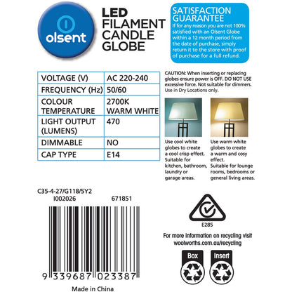 Olsent Led Filament Candle Ses 4w 470lm 2 Pack