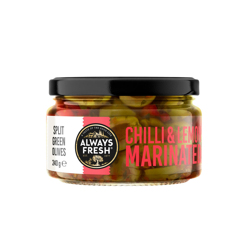 Always Fresh Deli Style Split Green Olives With Chilli And Lemon - 240g