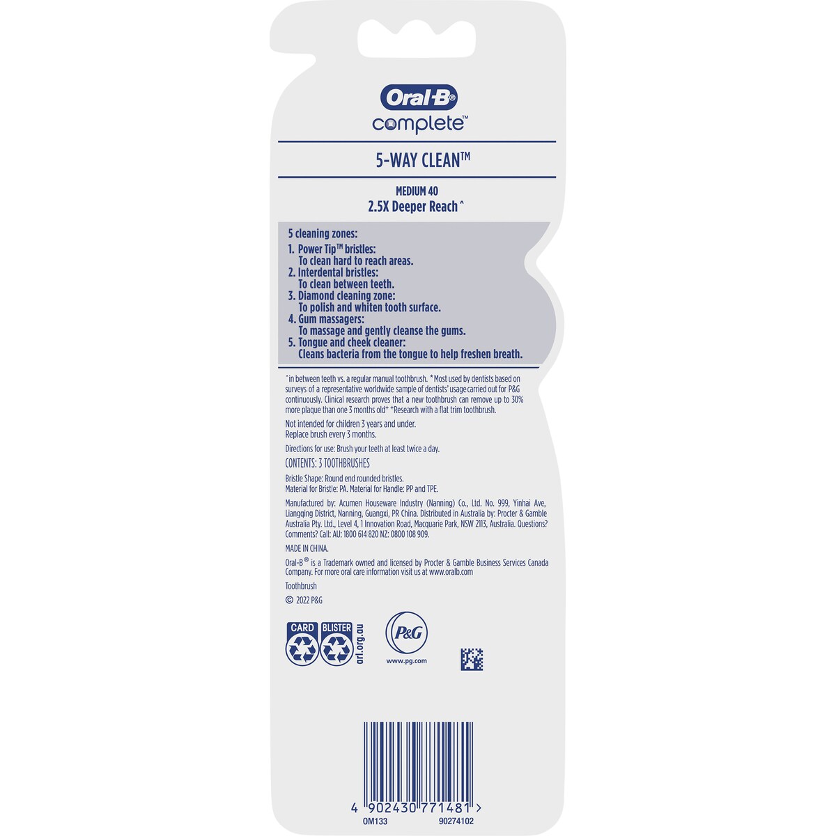 Oral-b 5 Way Clean Toothbrush In Pink, Blue, Navy 3 Pack