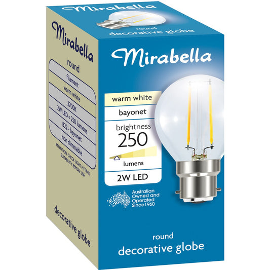 Mirabella Led Round Filament Clear Bc 2w 250lm Warm White 1 Pack