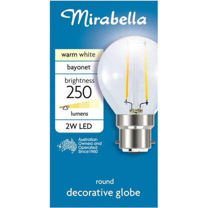 Mirabella Led Round Filament Clear Bc 2w 250lm Warm White 1 Pack
