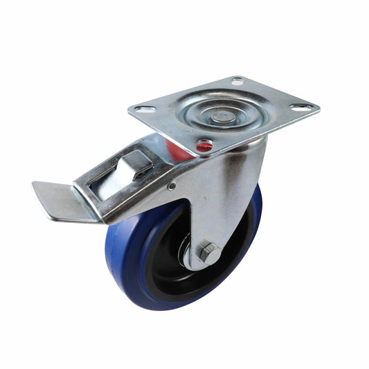 Easyroll Swivel Brake Castor - 125mm - Blue Elastic Rubber - 150kg Load