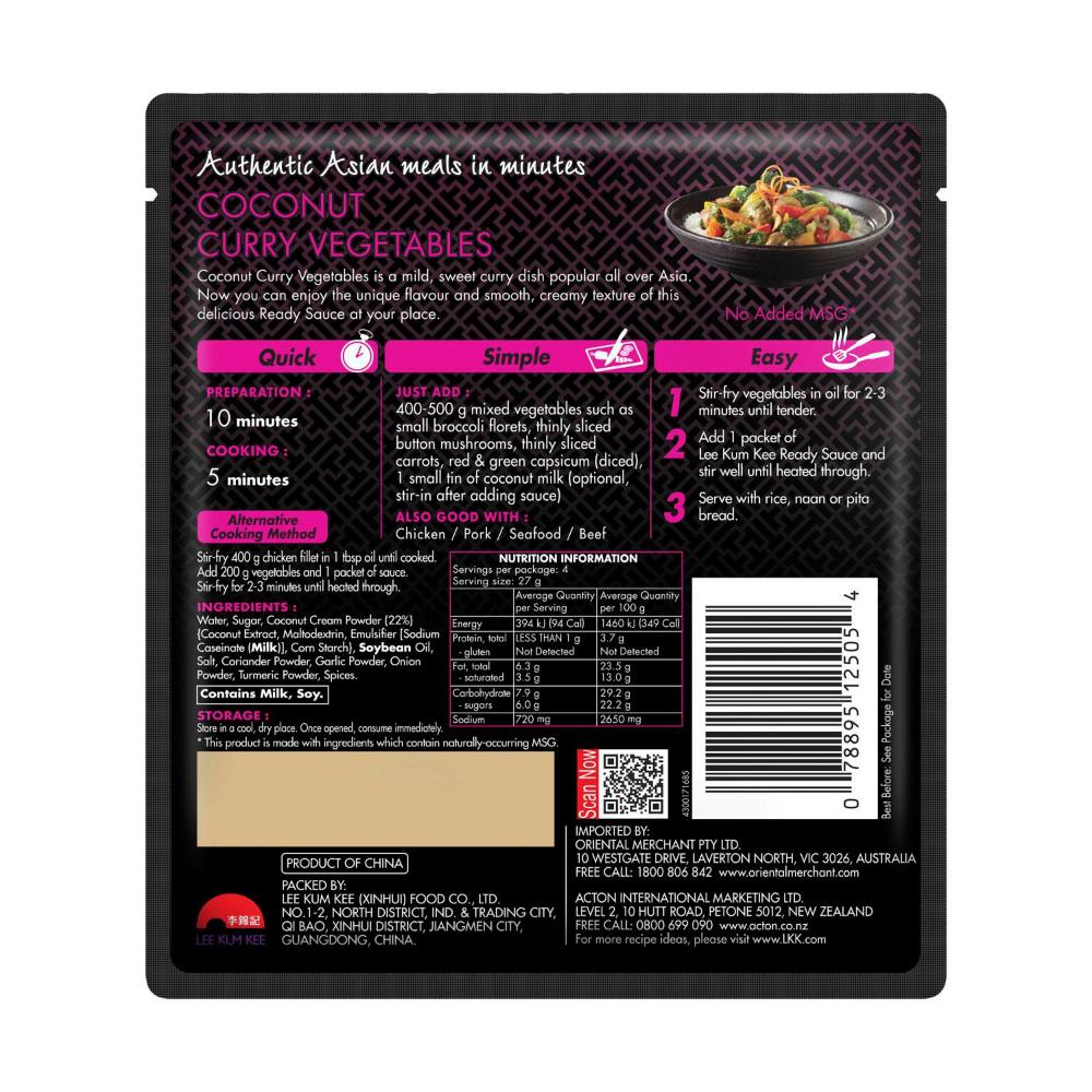 Lee Kum Kee Ready Sauce Coconut Curry Vegetables - 110g