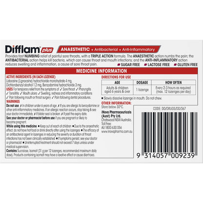 Difflam Plus Sore Throat Lozenges + Anaesthetic Berry 16 Pack