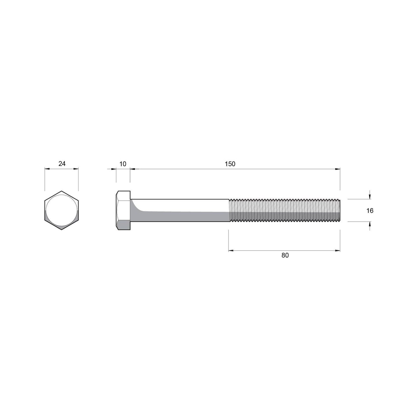 Zenith Hex Head Bolt - M16 x 150mm - Hot Dip Galvanised - 12 Pack