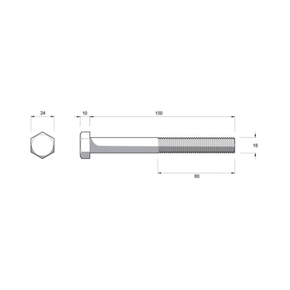 Zenith Hex Head Bolt - M16 x 150mm - Hot Dip Galvanised - 12 Pack
