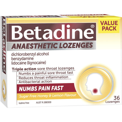 Betadine Sore Throat Lozenges Anaesthetic Honey & Lemon 36 Pack