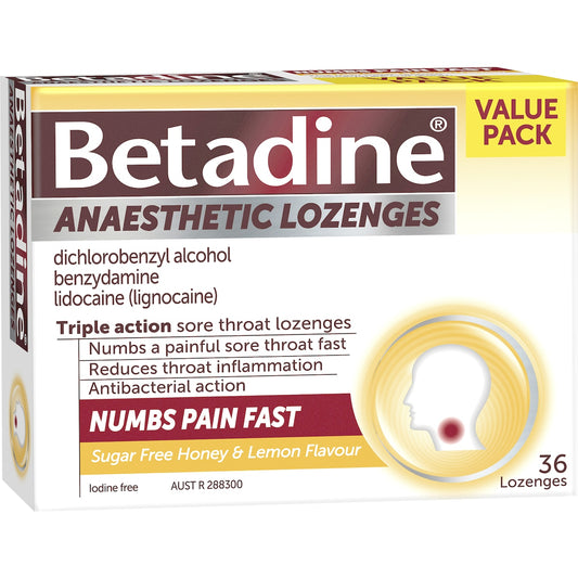 Betadine Sore Throat Lozenges Anaesthetic Honey & Lemon 36 Pack
