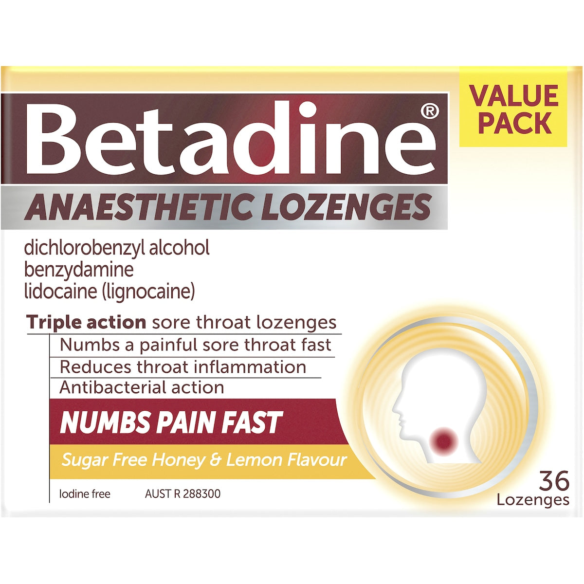 Betadine Sore Throat Lozenges Anaesthetic Honey & Lemon 36 Pack